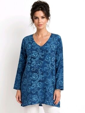 Soft Surroundings Teal Vine Print V-neck Long Sleeve Tunic